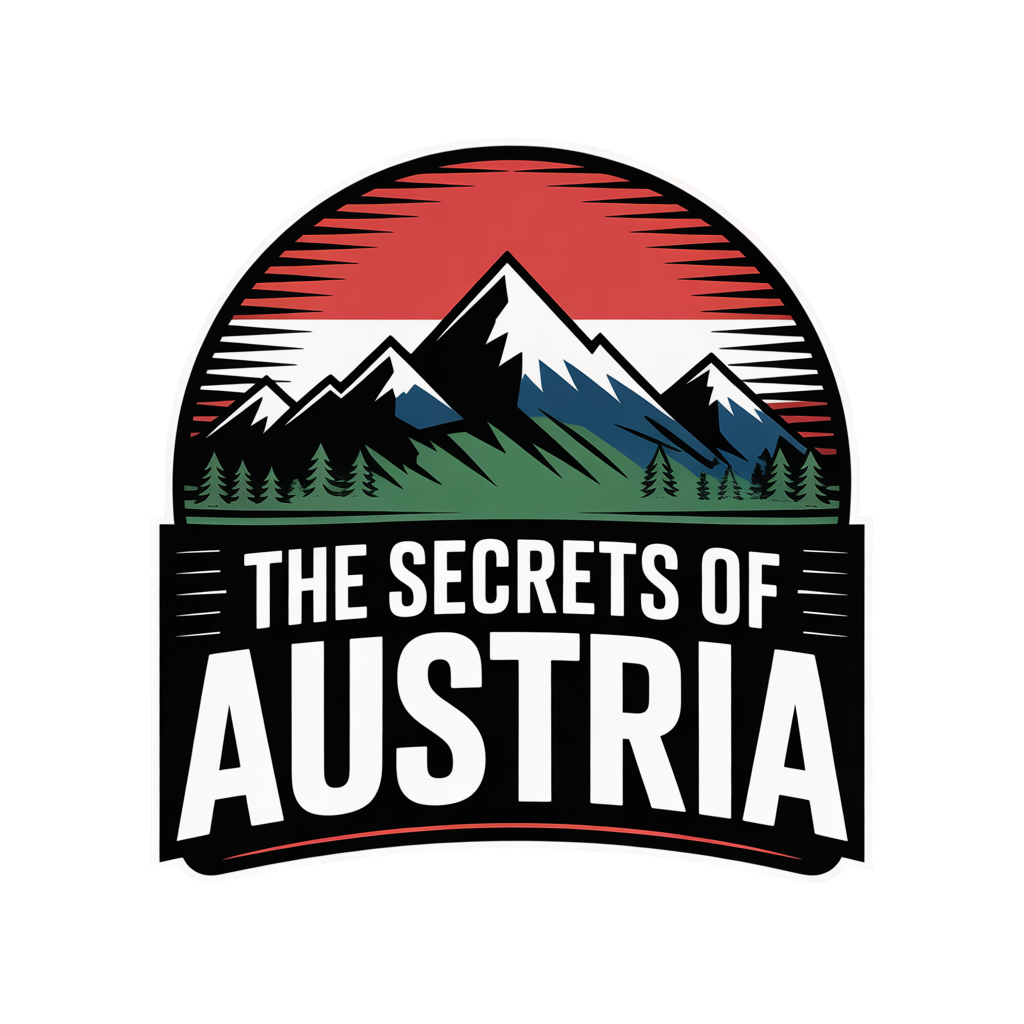 Grafik mit Bergen, Wäldern und einem roten Himmel, darunter der Text 'The Secrets of Austria'.