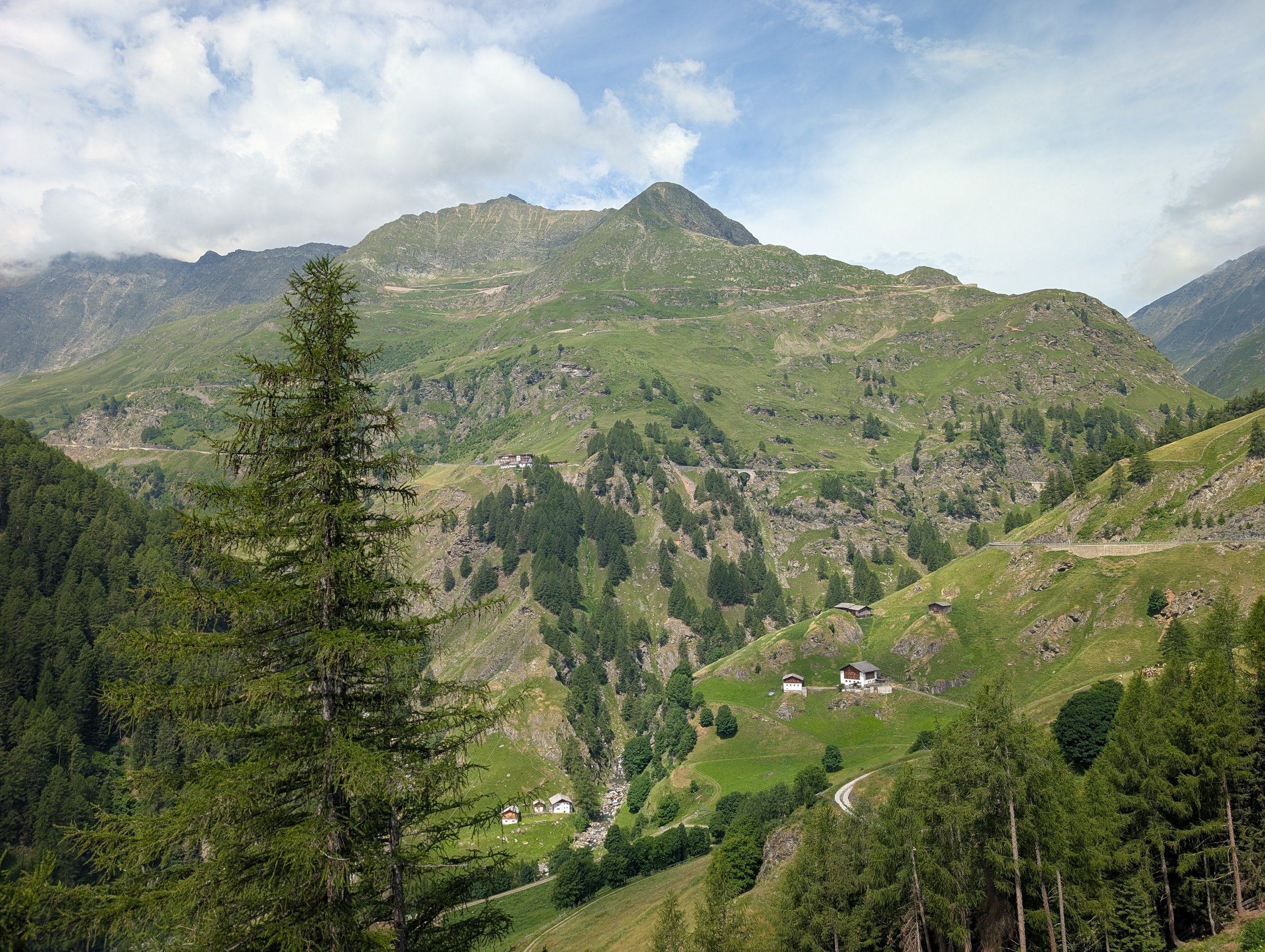 Berglandschaft mit grünen Hügeln, Bäumen und einigen kleinen Häusern, im Hintergrund Berge und ein bewölkter Himmel.