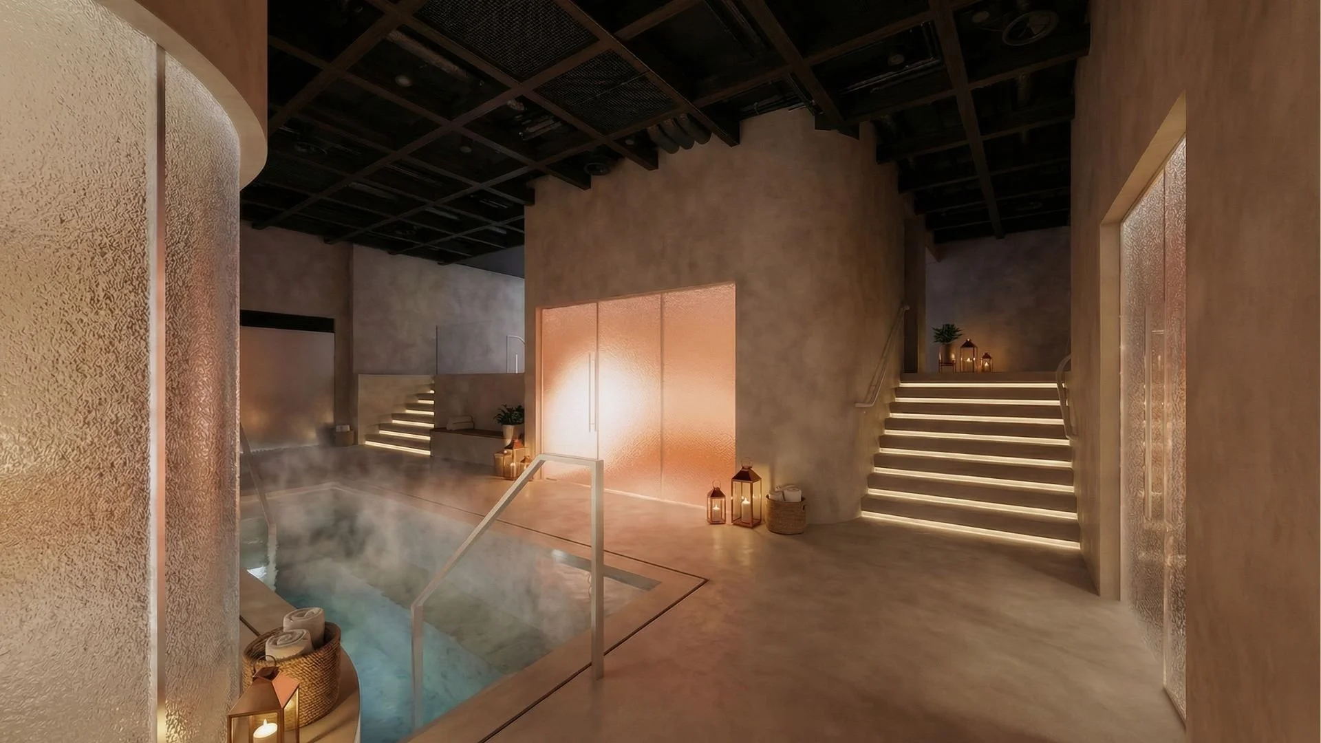 A luxurious indoor spa with a heated pool, soft lighting, candles, lanterns, potted plants, and stairs leading to different levels, creating a relaxing atmosphere.