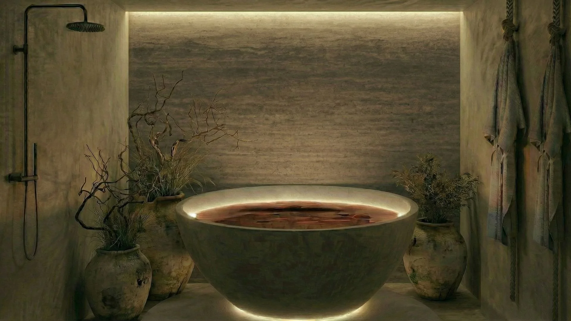 A luxurious bathroom with a round soaking tub illuminated from beneath, surrounded by large ceramic vases with decorative plants, a wall-mounted showerhead, and curtains on the side.