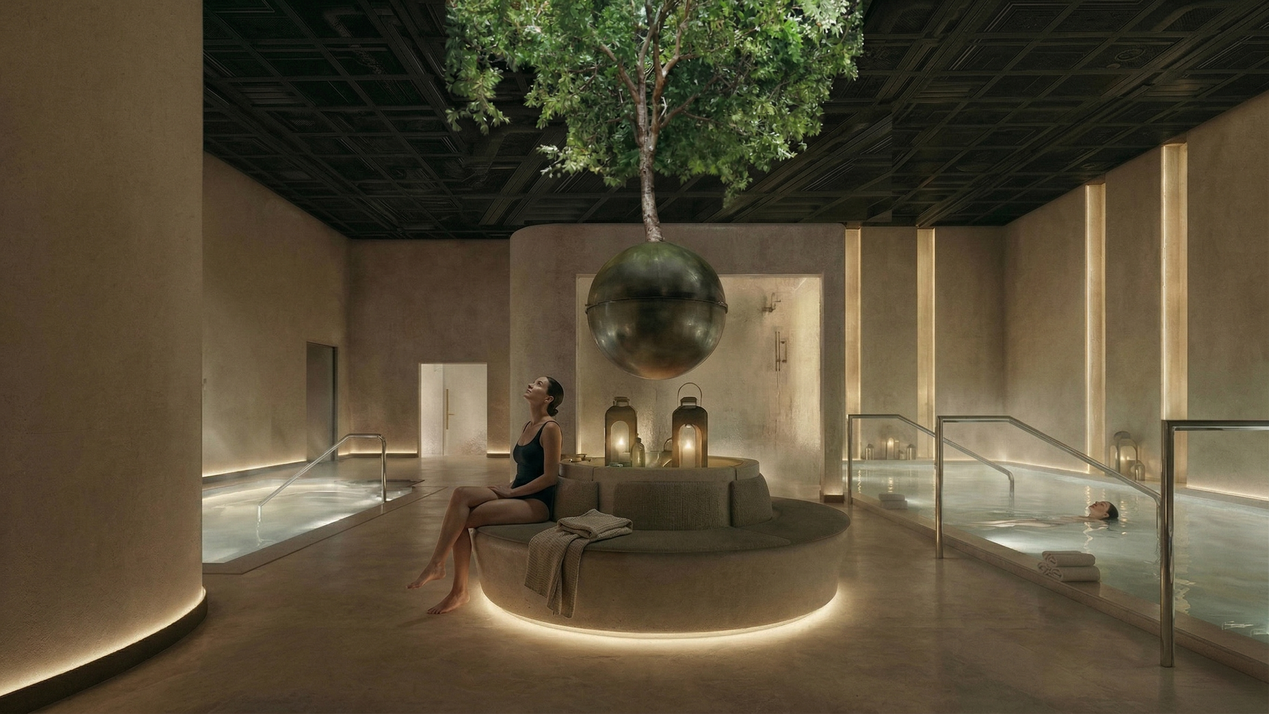 A woman sitting on a circular bench in a luxurious spa with warm lighting, a large suspended sphere with a tree growing out of it, and a pool with a person floating, all in neutral tones.