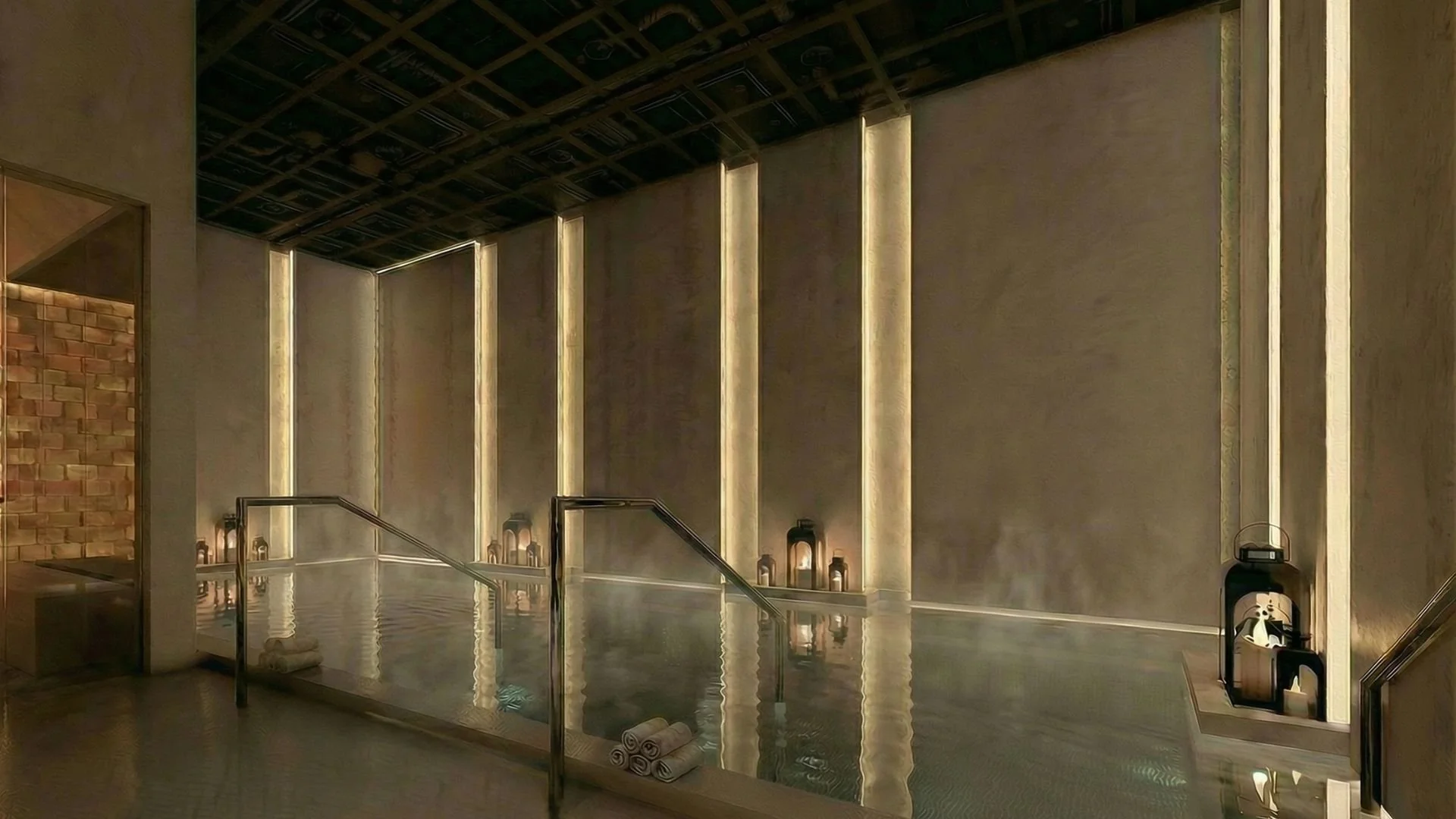 Indoor pool area with tall, vertical illuminated panels on the wall, a reflective water surface, and wall-mounted lanterns providing soft lighting.
