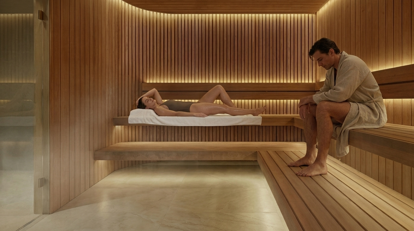 A woman lying on a towel in a wooden sauna, with a man sitting on the bench nearby, also in the sauna, both dressed in robes.
