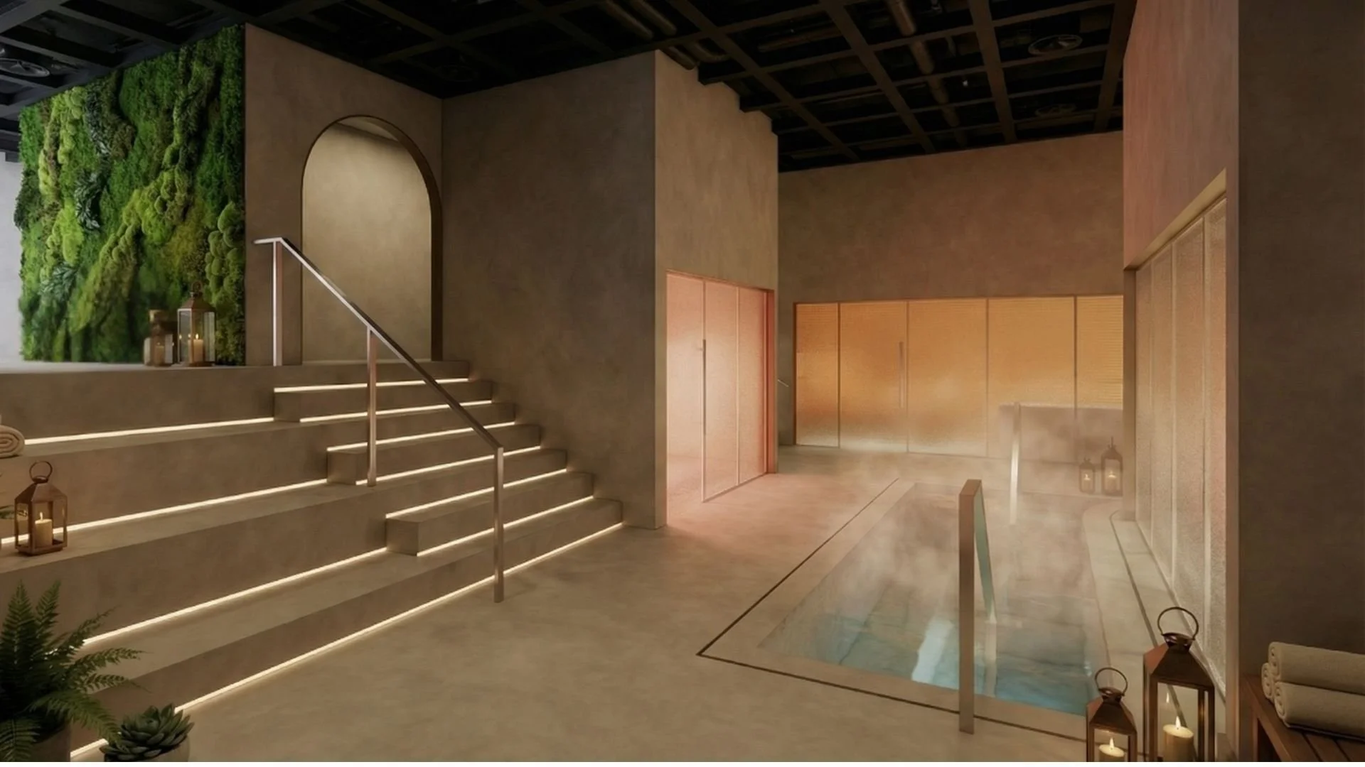 A serene indoor spa area with a staircase featuring LED strip lighting, a moss wall on one side, and a steaming hot tub with lanterns and plants nearby.