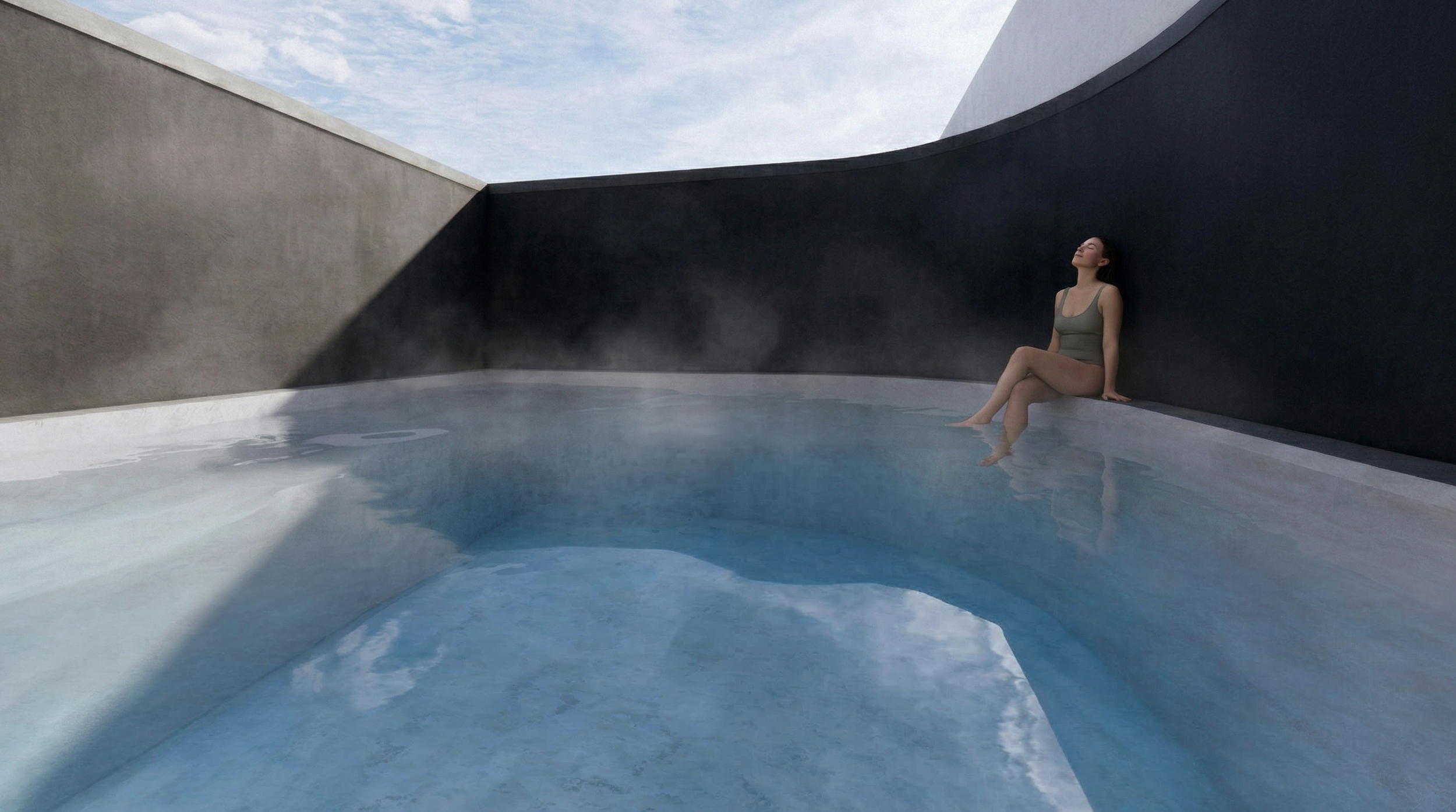 A woman sitting with her feet in the water of an outdoor pool, relaxing with her eyes closed and head tilted back under a partly cloudy sky.