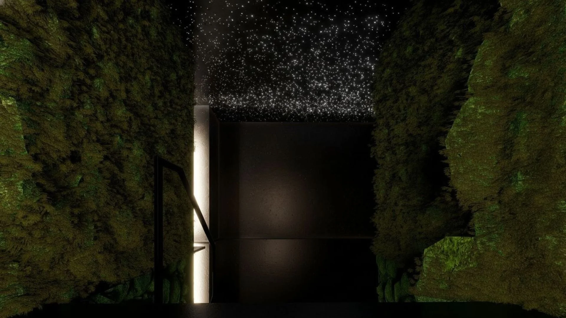 Interior of a modern room with moss-covered walls and a starry sky ceiling, illuminated with soft lighting.