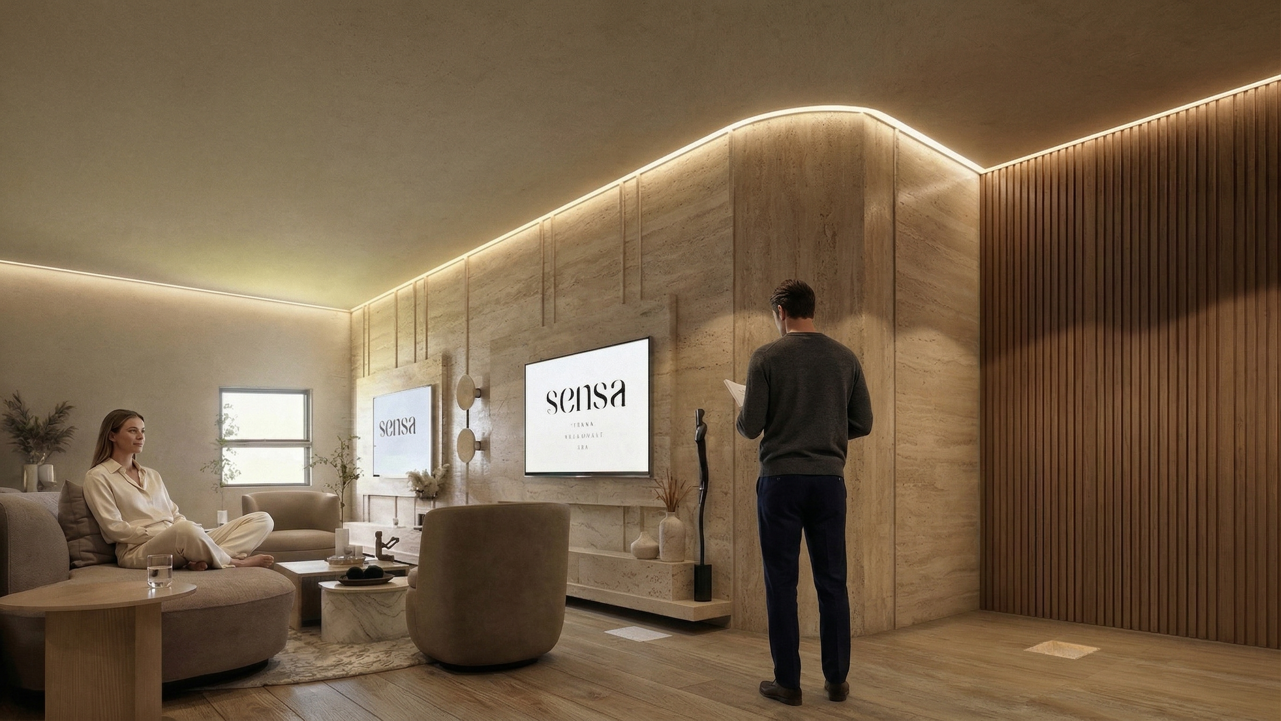 A modern living room with a woman sitting on a beige sectional sofa, a man standing and reading from a paper, two large screens on the wall displaying the word 'sensa', wooden wall paneling, and neutral decor with plants, vases, and candles.