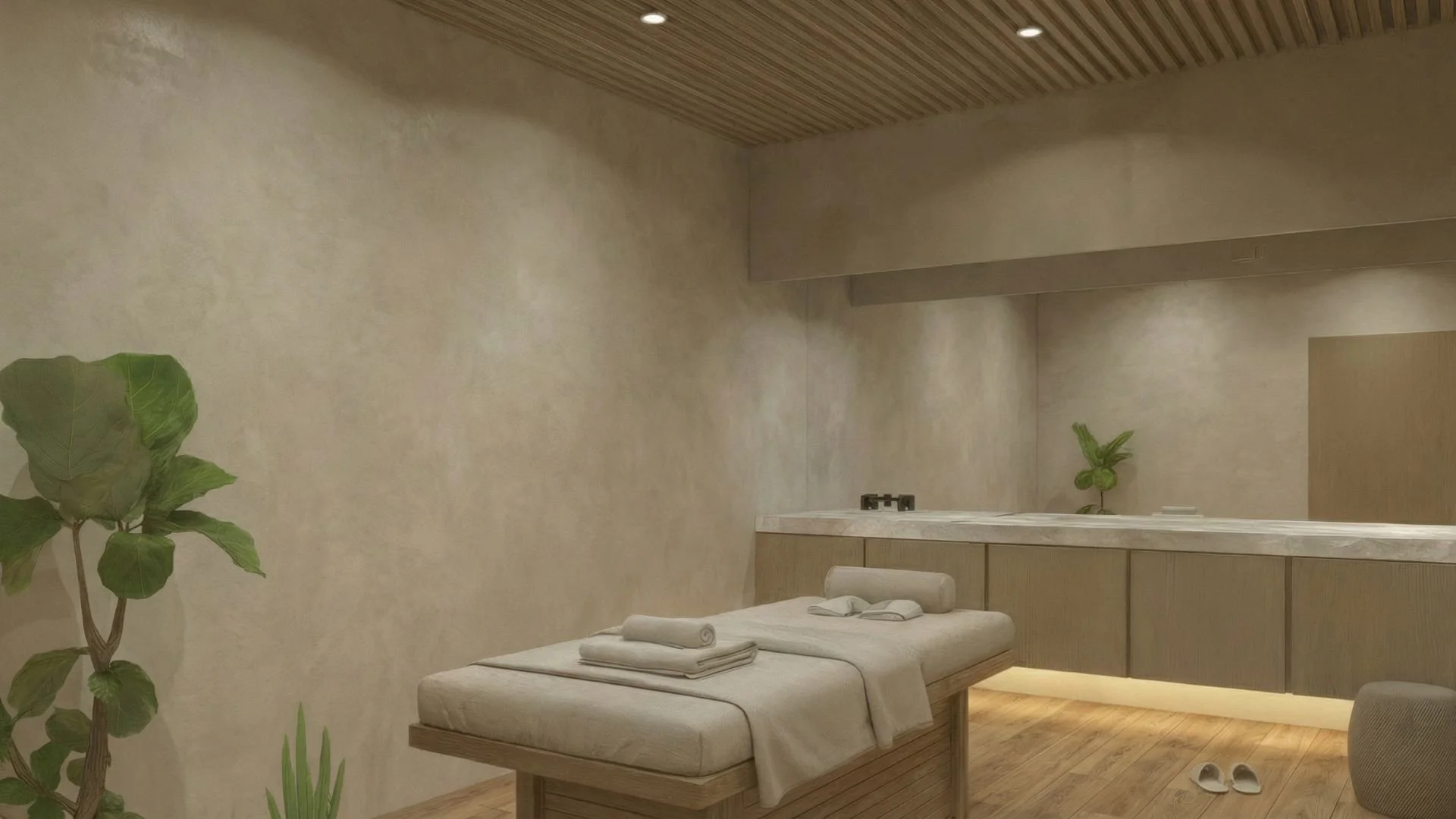 Minimalist spa room with massage table, potted plants, wooden ceiling, and warm lighting.