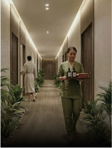 Hotel corridor with two women, one walking away and the other holding a tray with toiletries and towels.