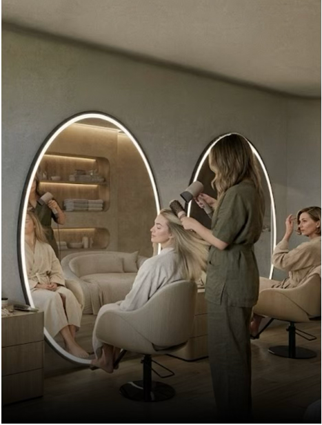 A woman is getting her hair blow-dried in a modern salon with oval-lit mirrors and minimal decor.