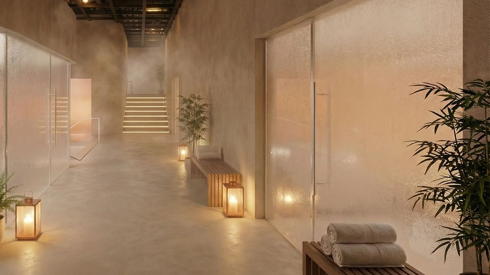 A relaxing spa corridor with soft lighting, wooden benches, potted plants, rolled towels, and mist at the end of the hall near stairs.