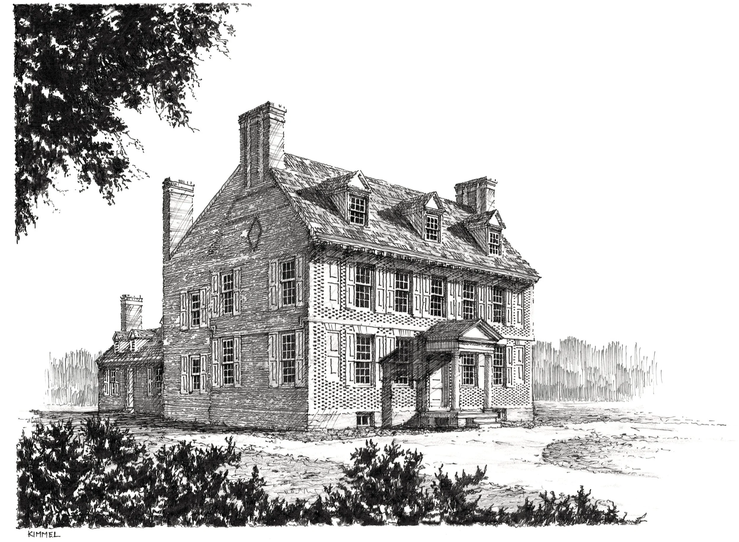 A black and white sketch of a large, historic house with multiple chimneys, wooden shutters, and a steeply pitched roof, surrounded by trees and grass.