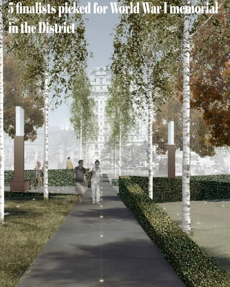 Kimmel Studio Architects digital rendering of a park with a paved walkway, surrounded by trees and trimmed hedges. There are a few people walking and sitting, and in the background, a tall building is visible. The scene is part of a memorial project.