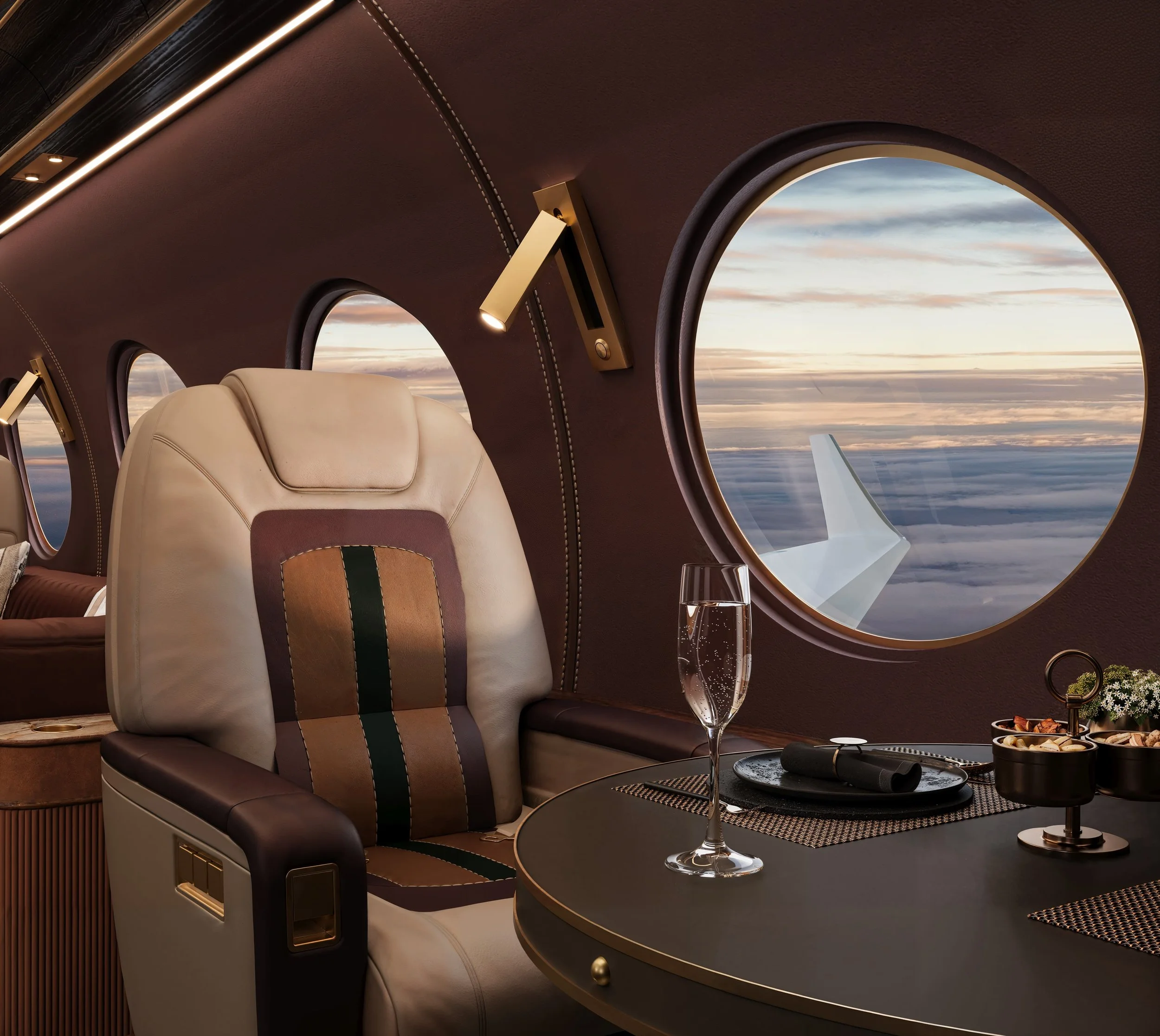 Interior of a private jet with beige leather seats, round windows showing sky and clouds, a small table with a glass of champagne, and a plate of food.