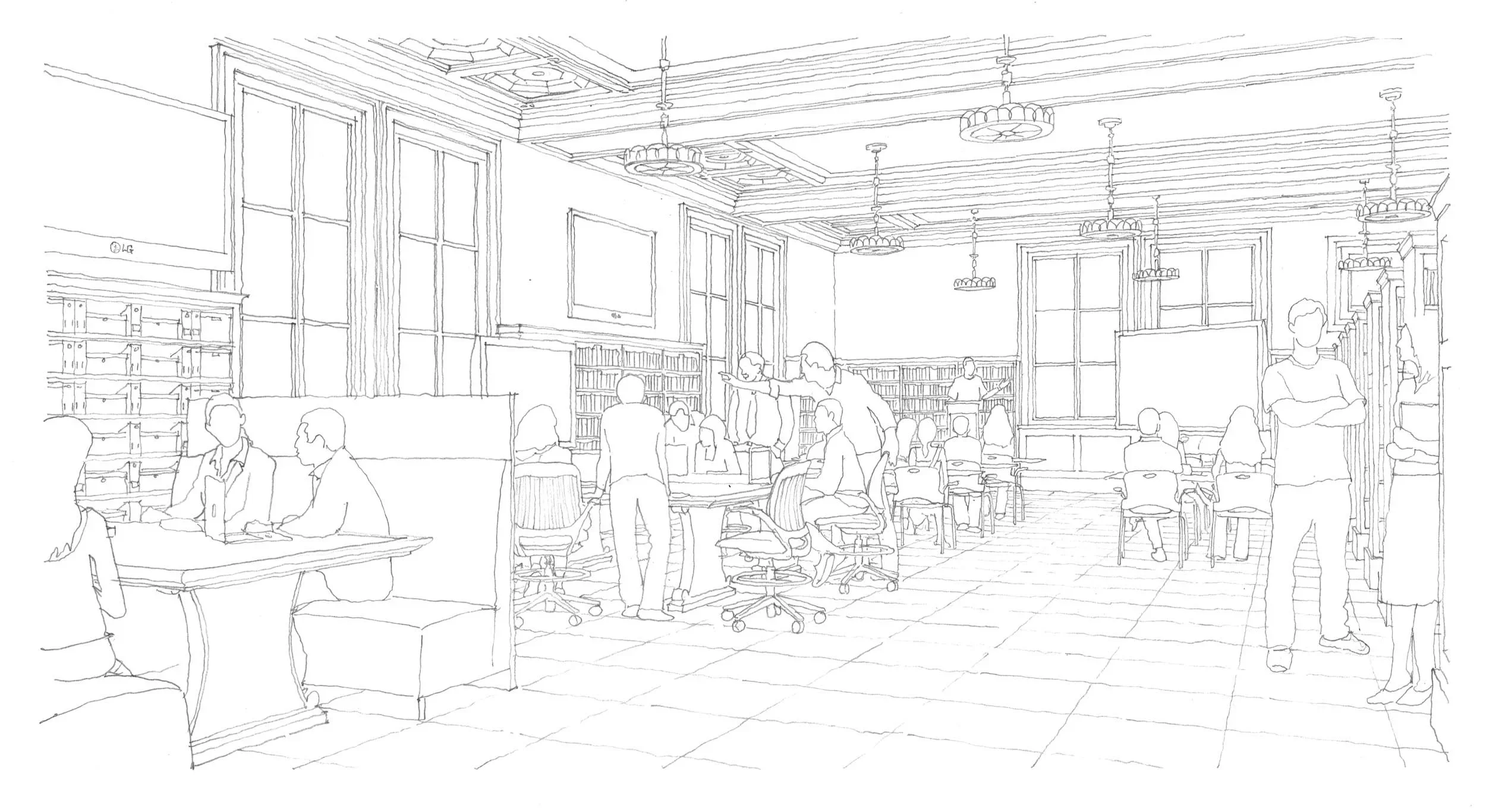 Sketch of a library or study room with people sitting and standing, bookshelves, large windows, and ceiling lights.