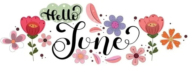 Floral design with the text 'Hello June' surrounded by colorful flowers and petals.