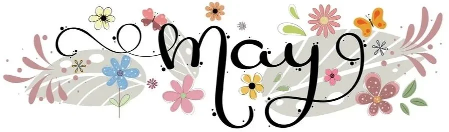 Floral design with various colorful flowers, butterflies, and leaves surrounding the handwritten text 'May 9'.