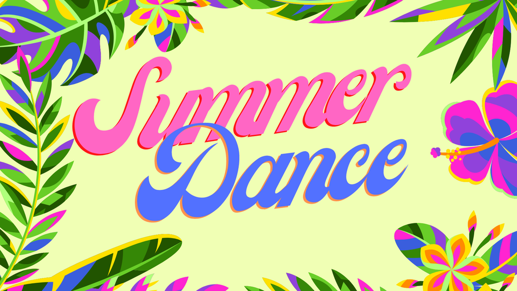Colorful poster with the words 'Summer Dance' surrounded by tropical leaves and flowers, and a butterfly.