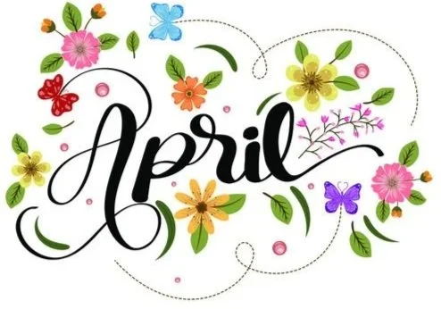 Floral illustration with the word 'April' surrounded by colorful flowers, leaves, butterflies, and decorative dots.