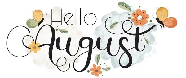 Illustration with the text 'Hello August' surrounded by butterflies and flowers in pastel colors.