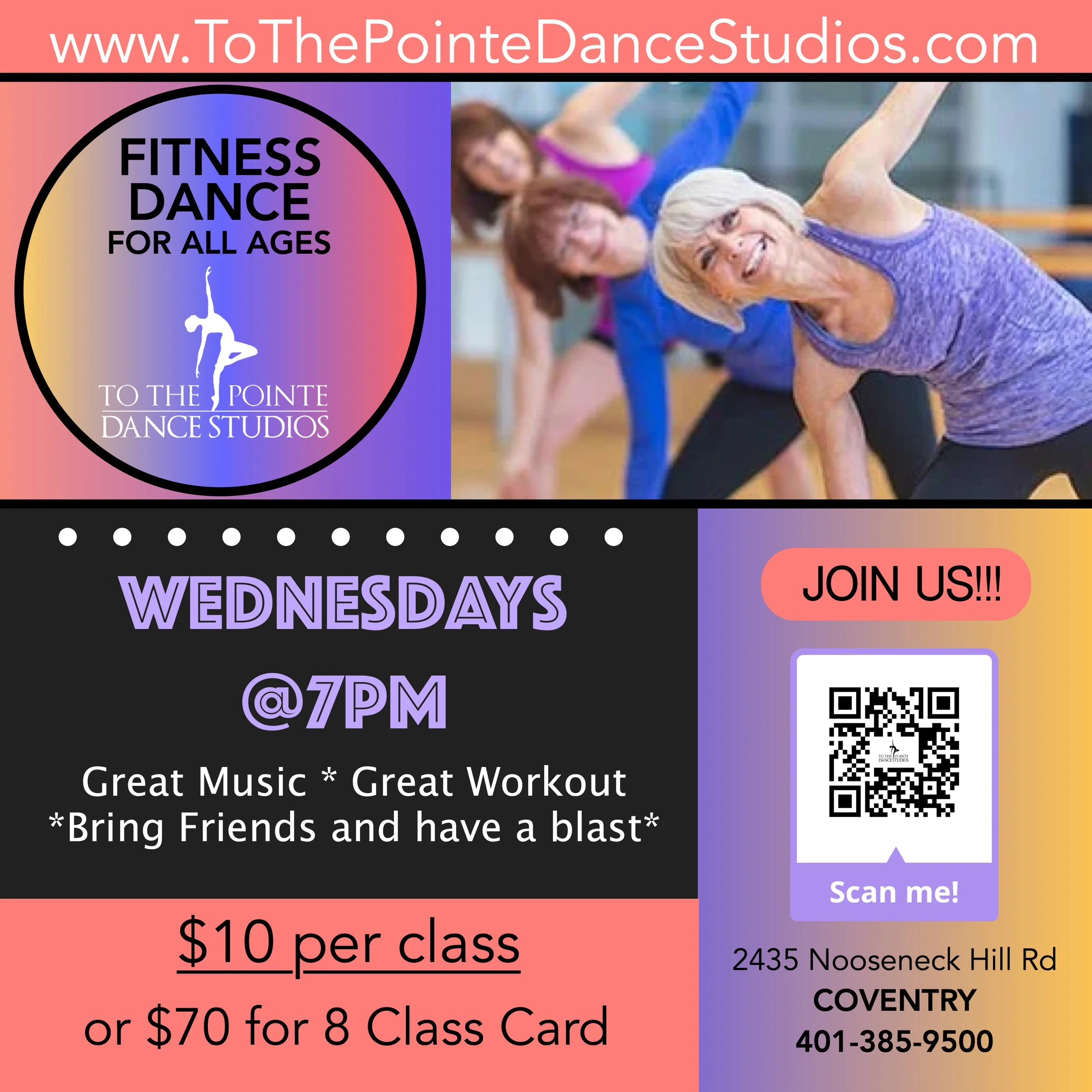 Advertisement for fitness dance classes at To The Pointe Dance Studios, featuring women participating in a dance workout, with text details about class schedule on Wednesdays at 7 PM, cost, location, and a QR code for joining.