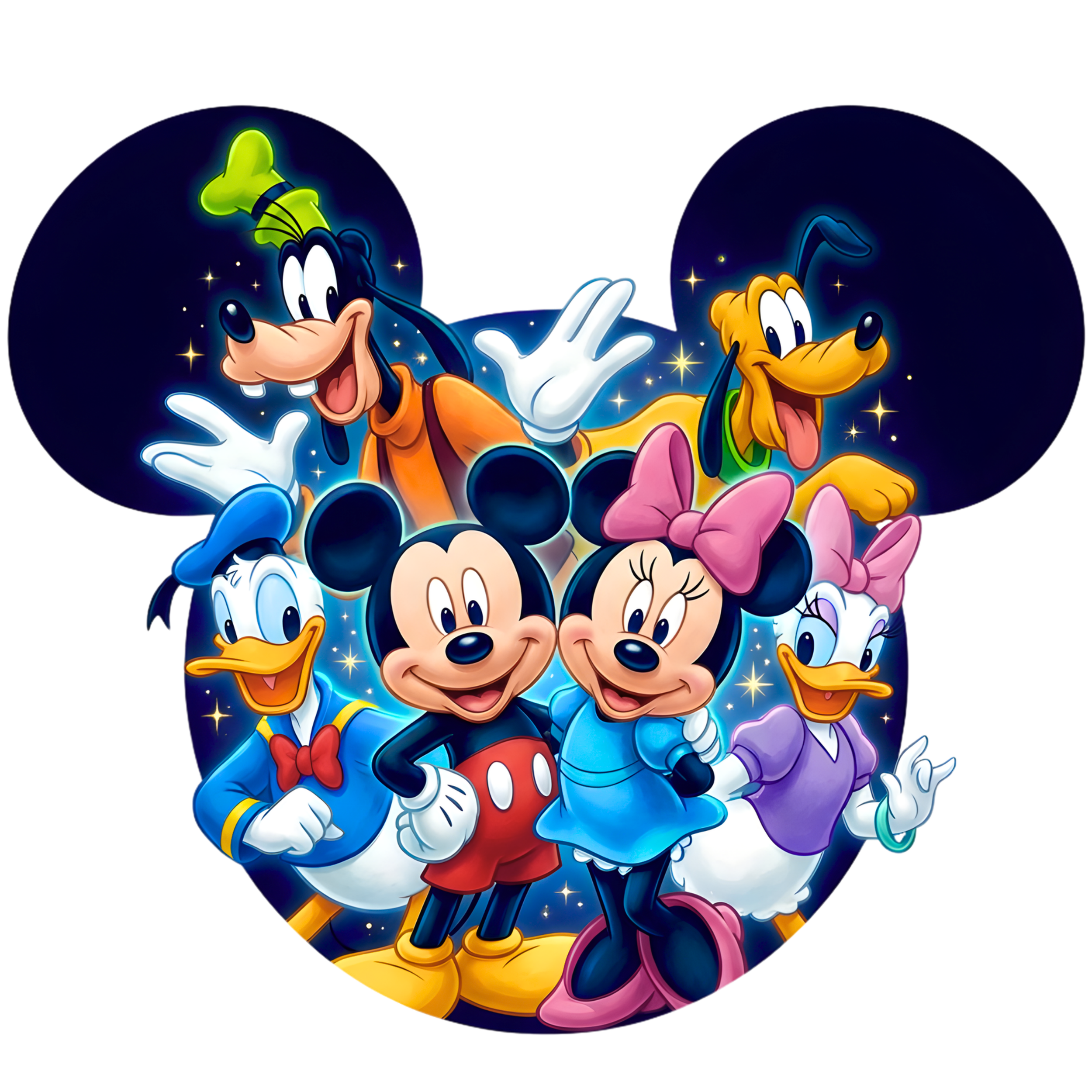 Colorful Disney characters Mickey Mouse, Minnie Mouse, Donald Duck, Daisy Duck, Goofy, and Pluto smiling and celebrating together, arranged inside a heart shape.
