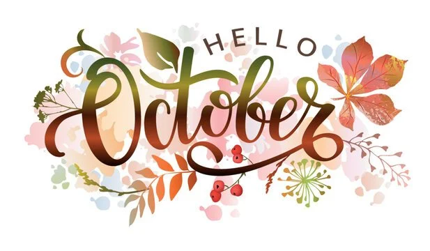 Colorful autumn-themed graphic with the text 'Hello October' surrounded by fall leaves, berries, and floral elements.