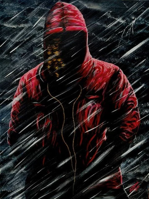 Unseen Weight Red Hooded Figure in rain.jpg