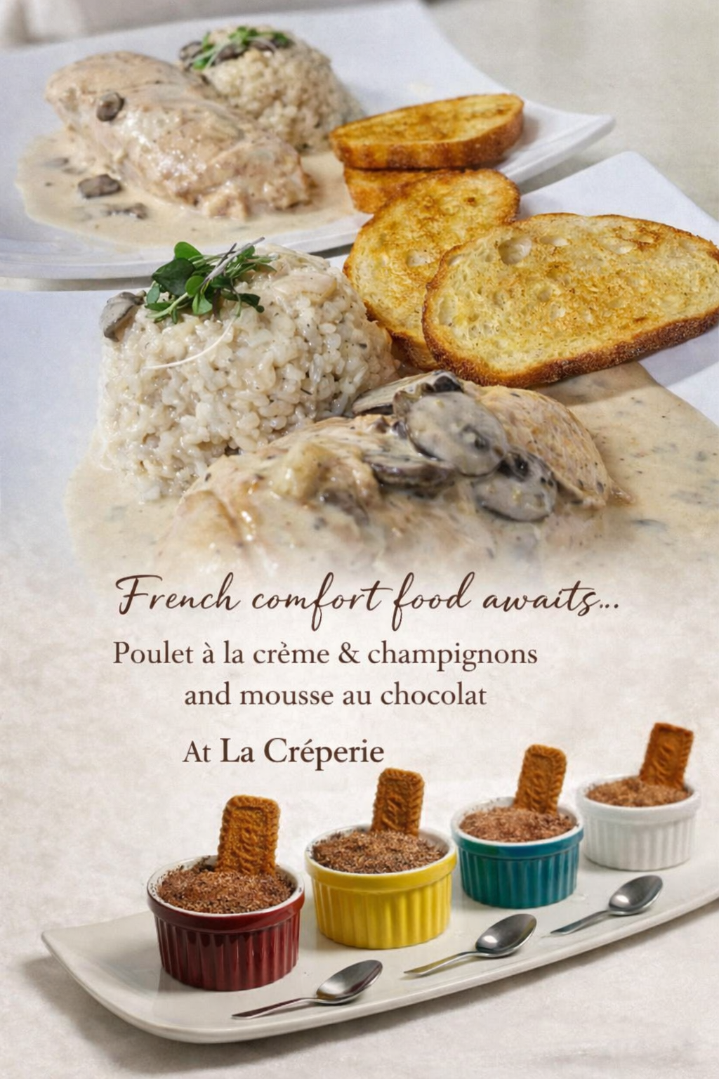 Creamy chicken in mushroom sauce served on rice with French chocolate mousse