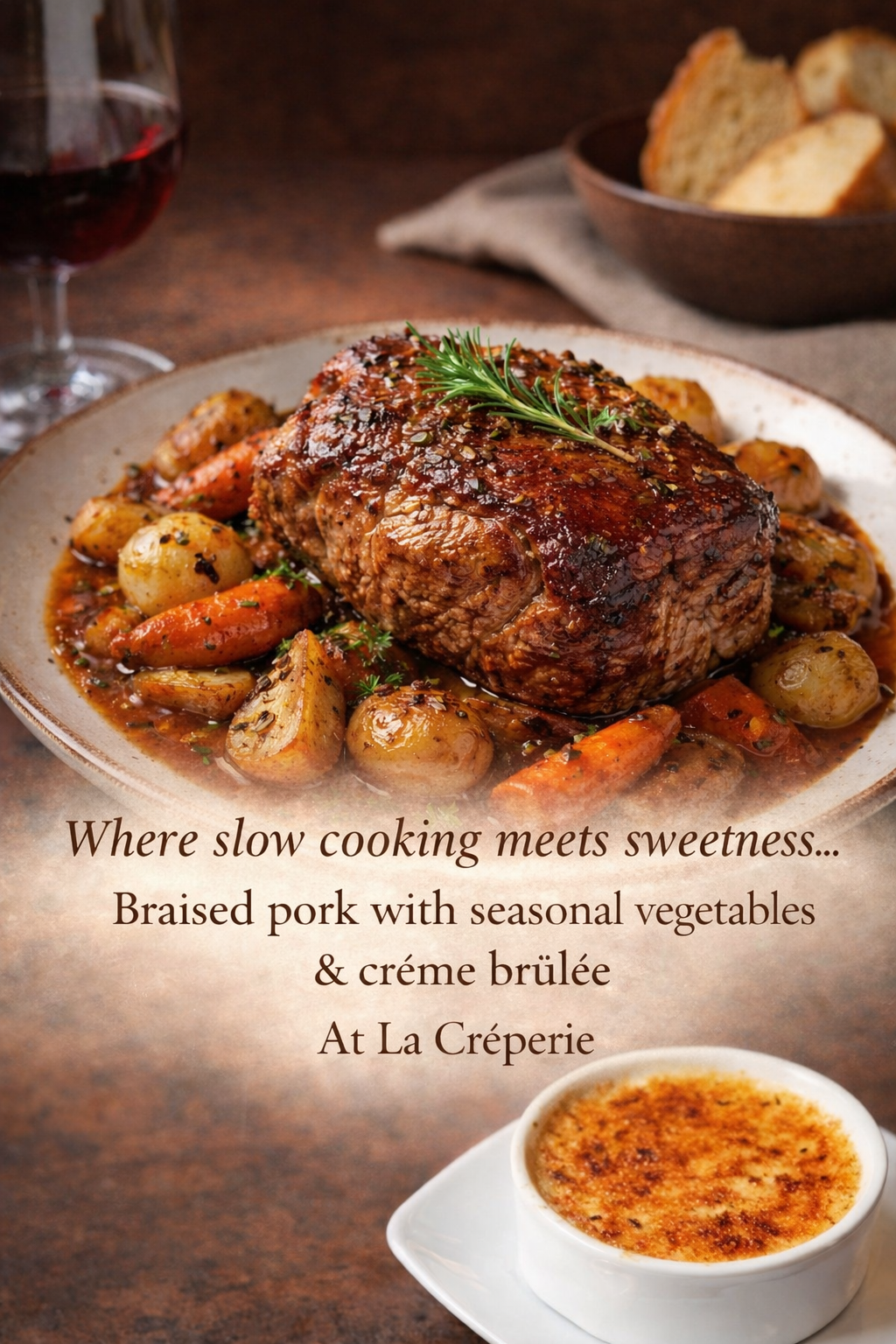  Braised beef with its garden vegetables and crême brûlée