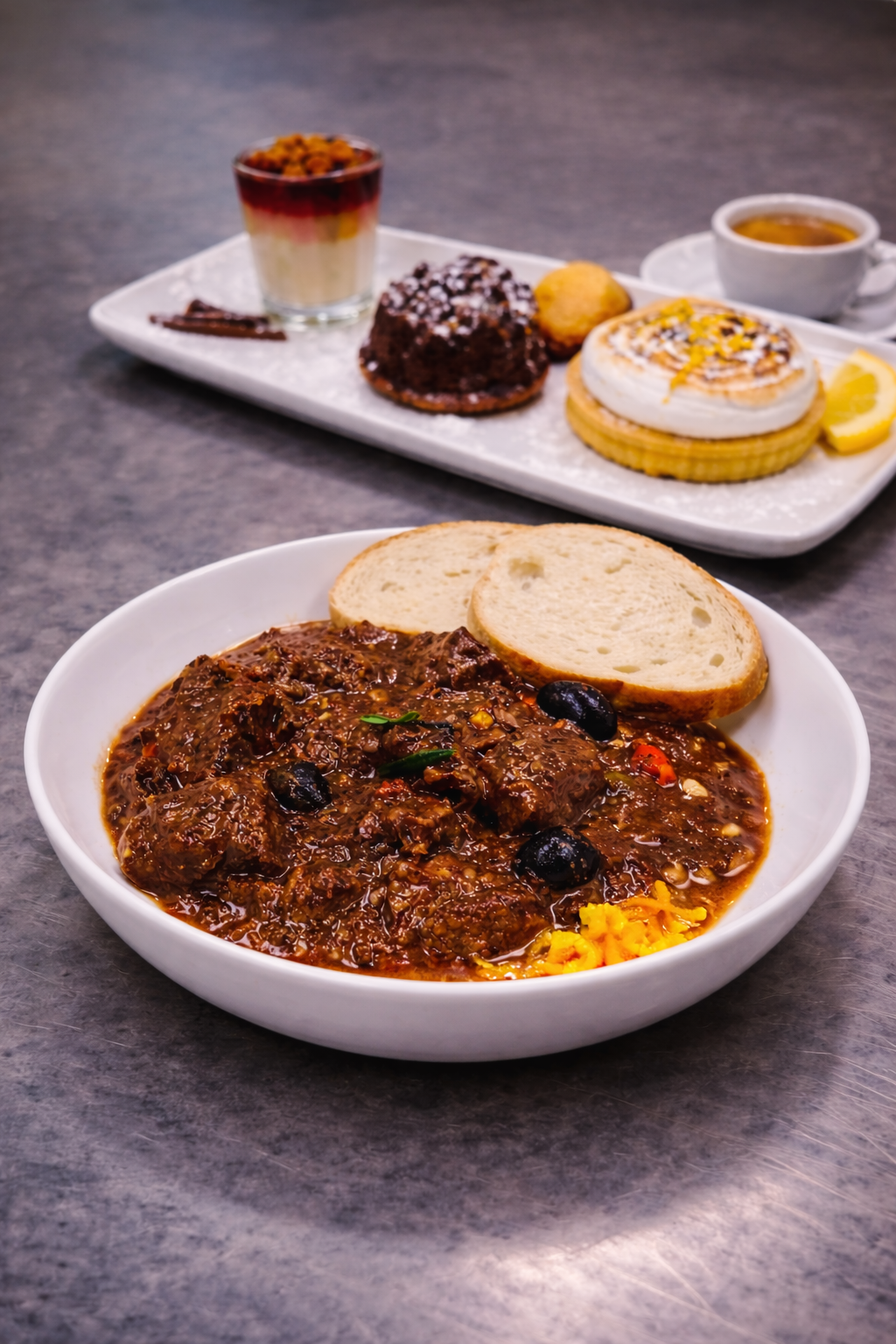 Daube à la provençale served with garden vegetables and café gourmand