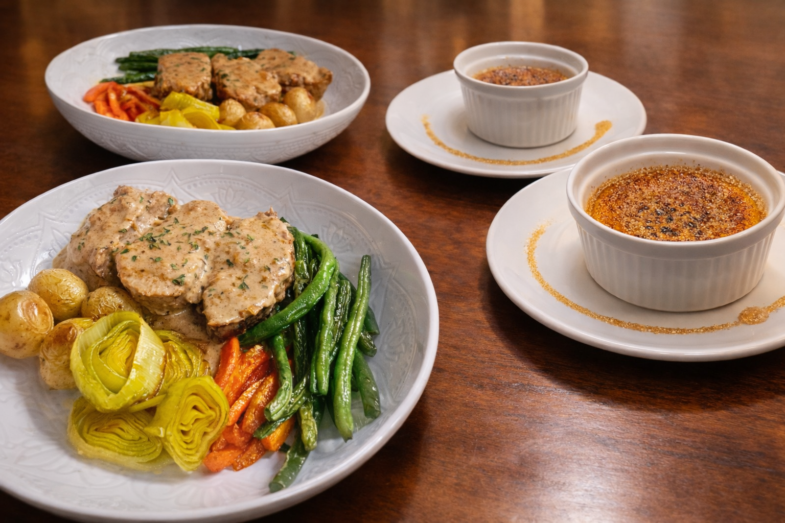 Braised Pork with its garden vegetables and crême brûlée