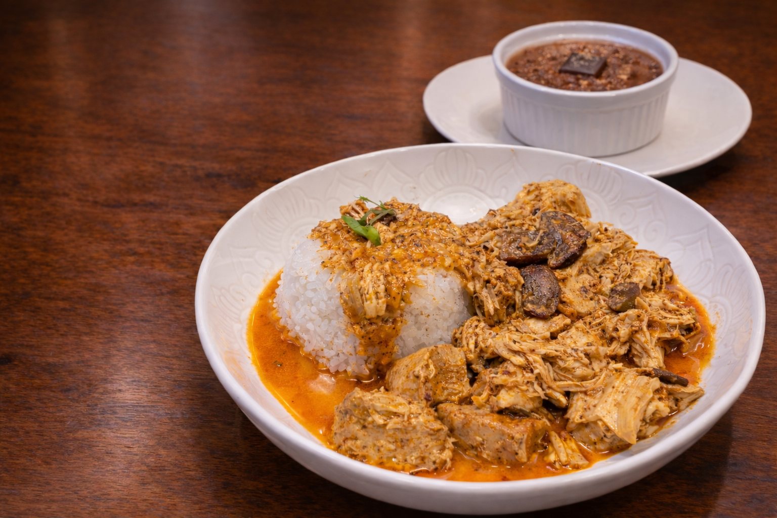 Creamy chicken in mushroom sauce served on rice with French chocolate mousse
