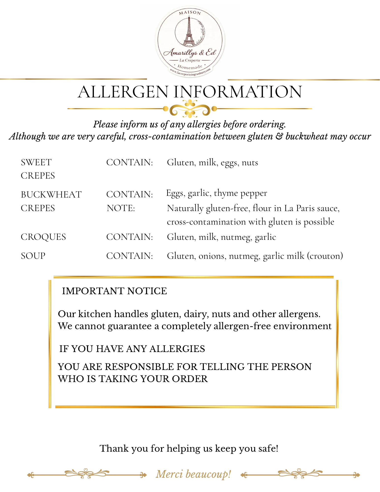 Allergen information notice for Amarily's and Ed's La Creperie, detailing ingredients and cross-contamination precautions.