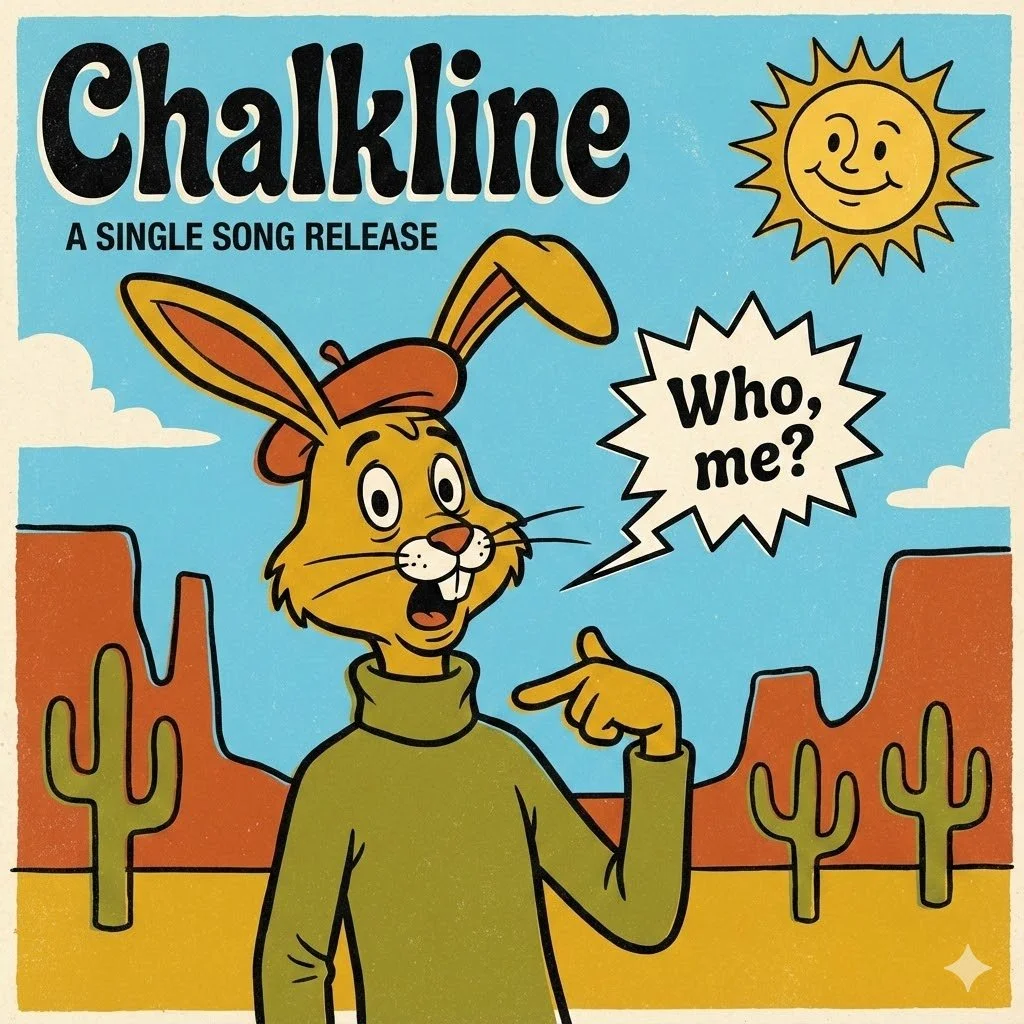 Cover art for a single song release titled 'Chalkline' featuring a cartoon rabbit with bunny ears, standing in a desert landscape with cacti, a blue sky, white clouds, and a smiling sun. The rabbit is wearing a green turtleneck and an orange hat, and is pointing to its head with a speech bubble that says, 'Who, me?'