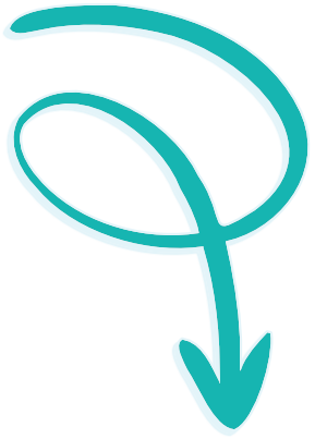 A stylized, turquoise arrow with a curved tail and pointed arrowhead, outlined in white.