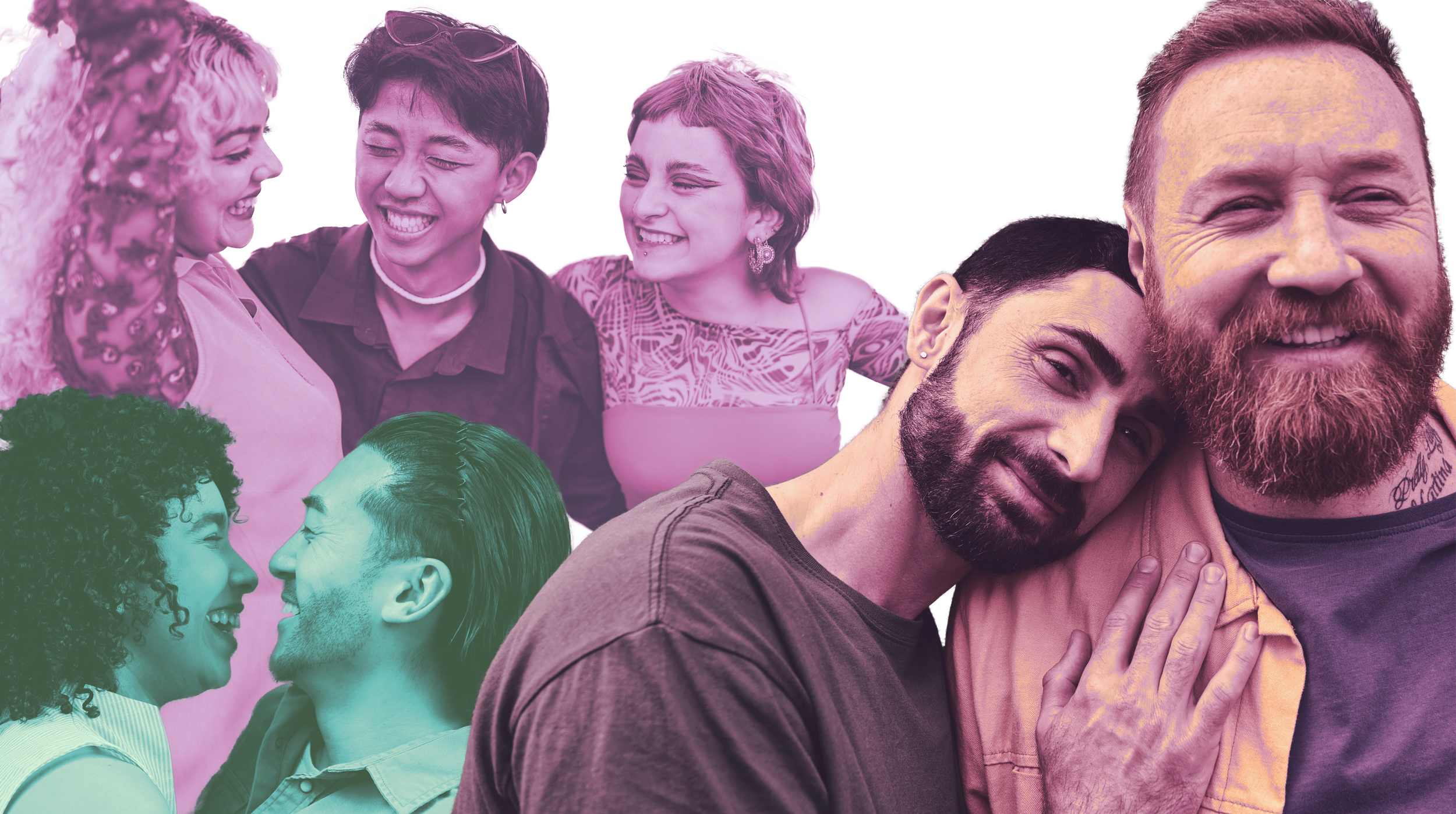 Collage of people smiling and laughing together, some embracing