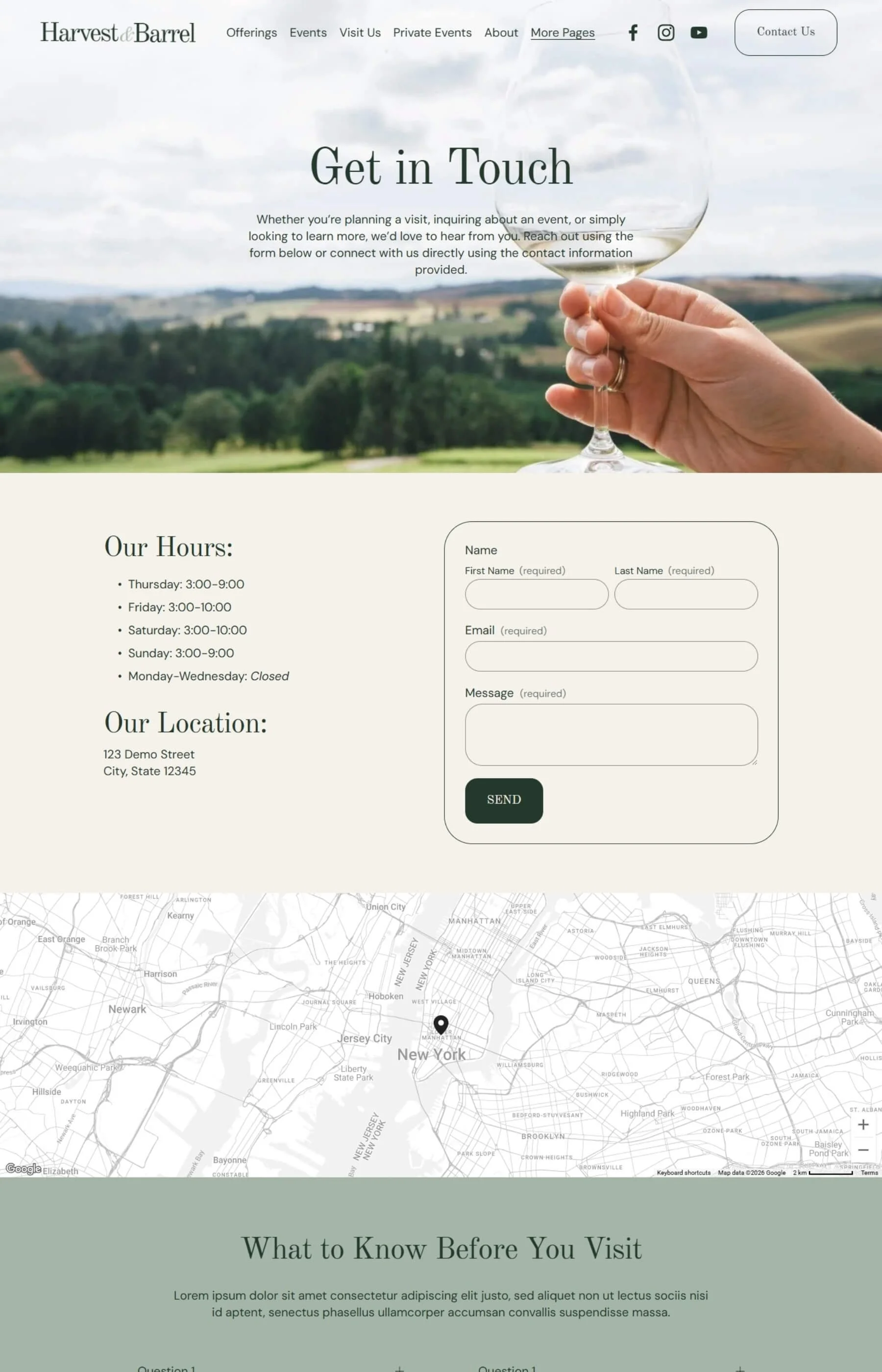 Screenshot of the contact page inside the Harvest & Barrel Template