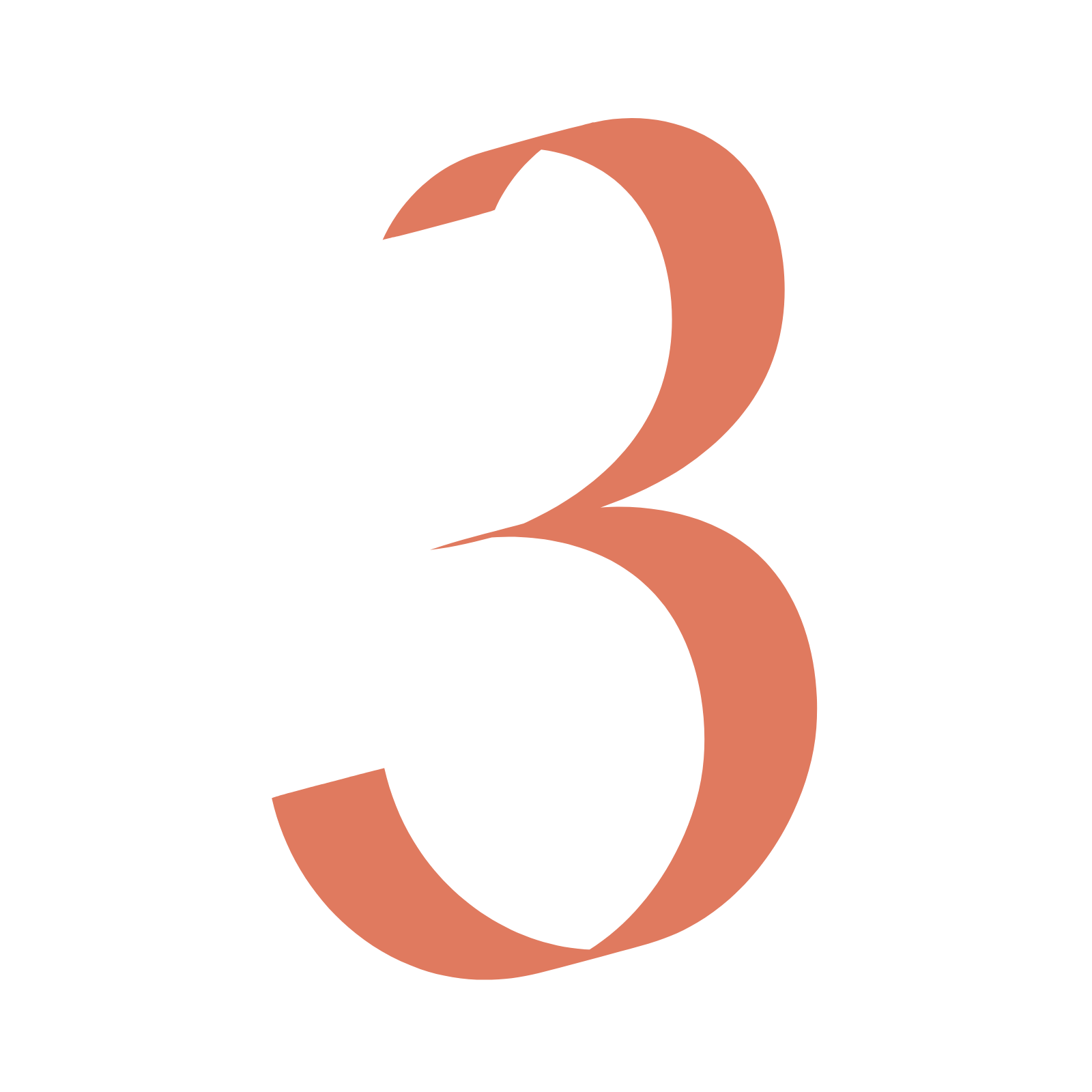 Number three icon with a coral fill, set against a white background.