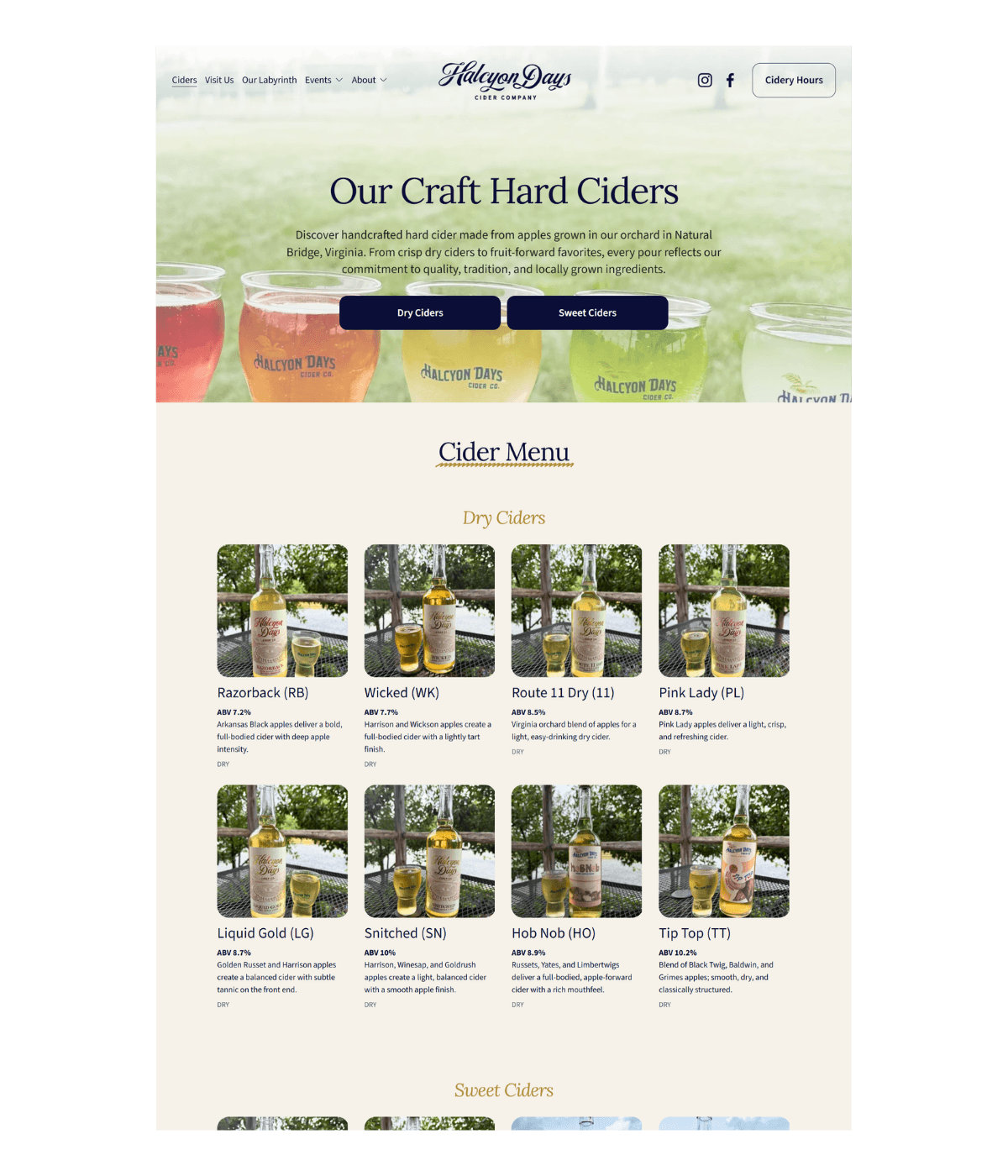 Screenshot of Halcyon Days Cider Menu Page