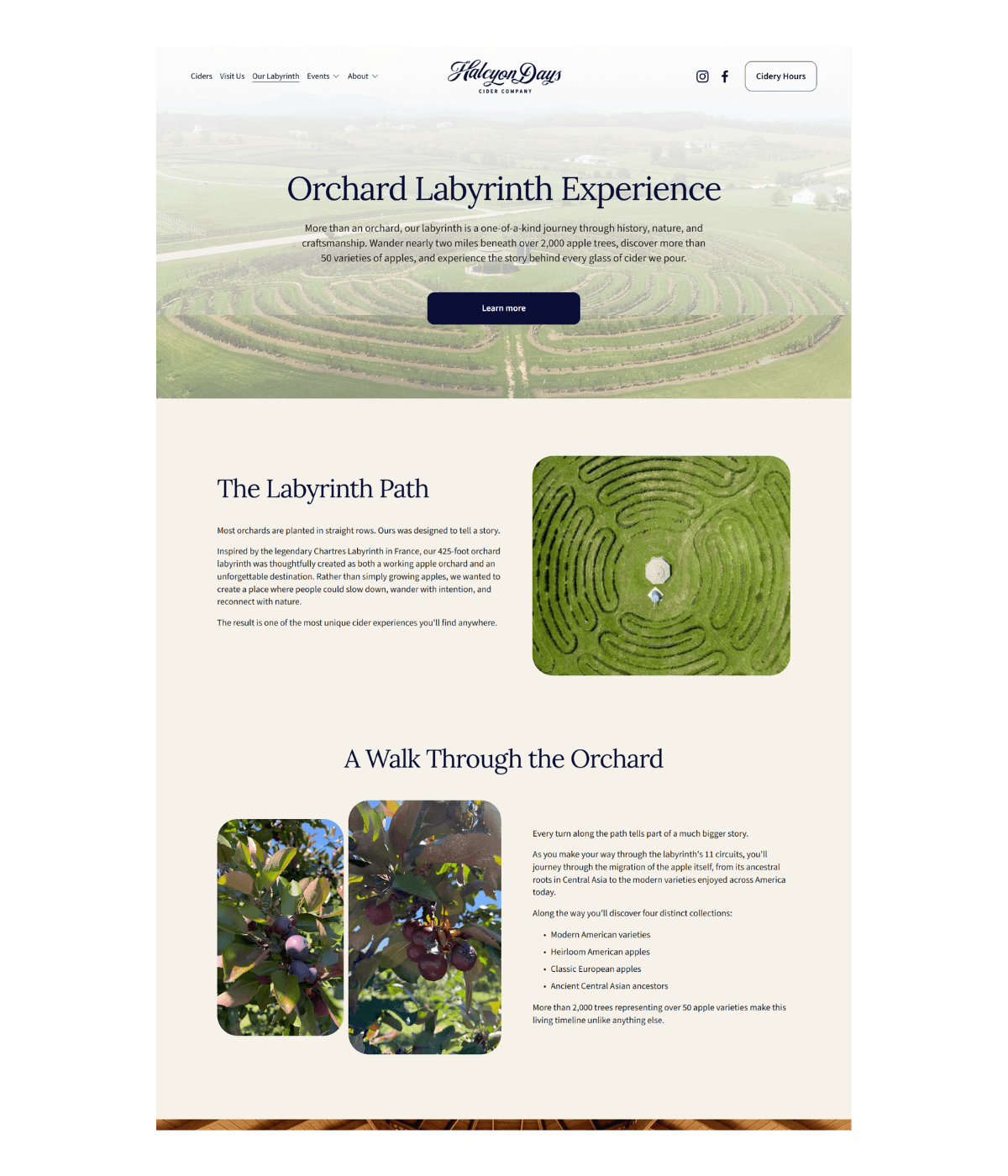 Webpage for Halcyon Days Cider Company promoting Orchard Labyrinth Experience with aerial view of orchard and a close-up image of a green maze pattern in the orchard