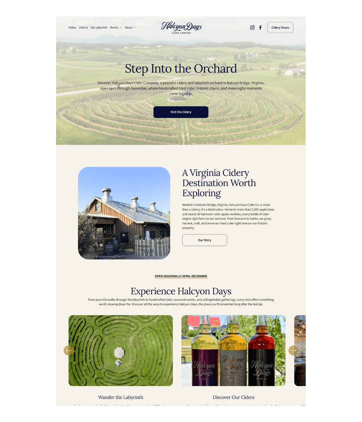 Webpage for Halcyon Days Cider Company featuring a landscape orchard, a rustic cider barn, bottles of cider, and fields of apple trees.