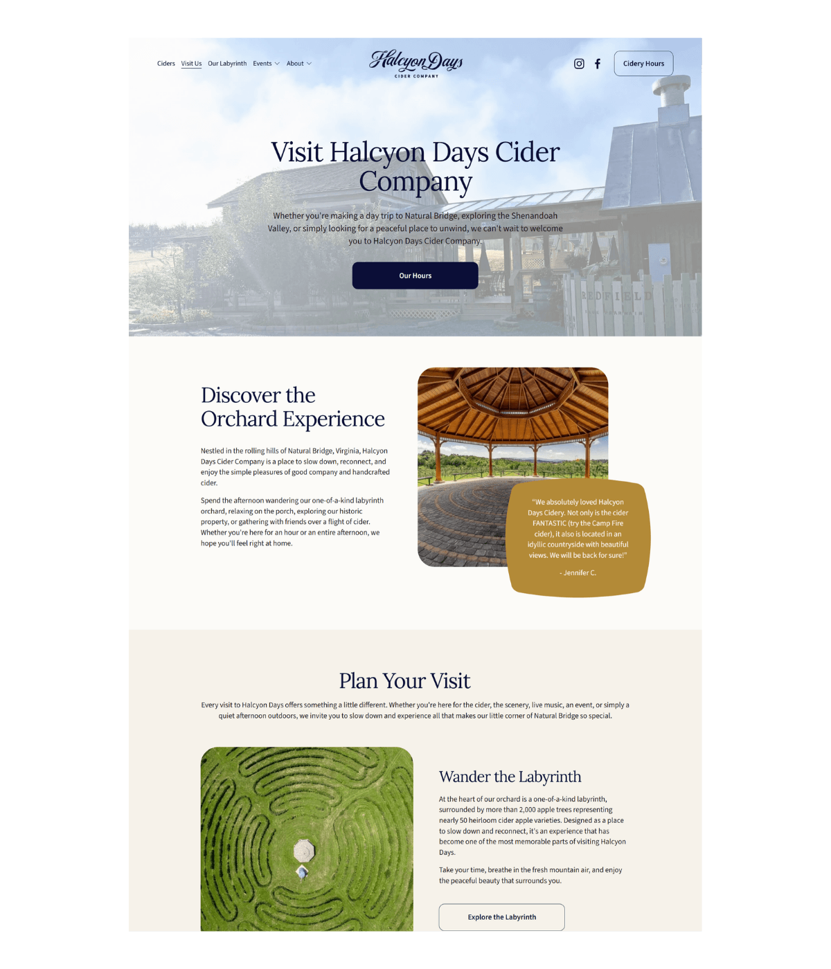 Homepage of Halcyon Days Cider Company website showcasing local orchards, tasting rooms, and cider experiences.