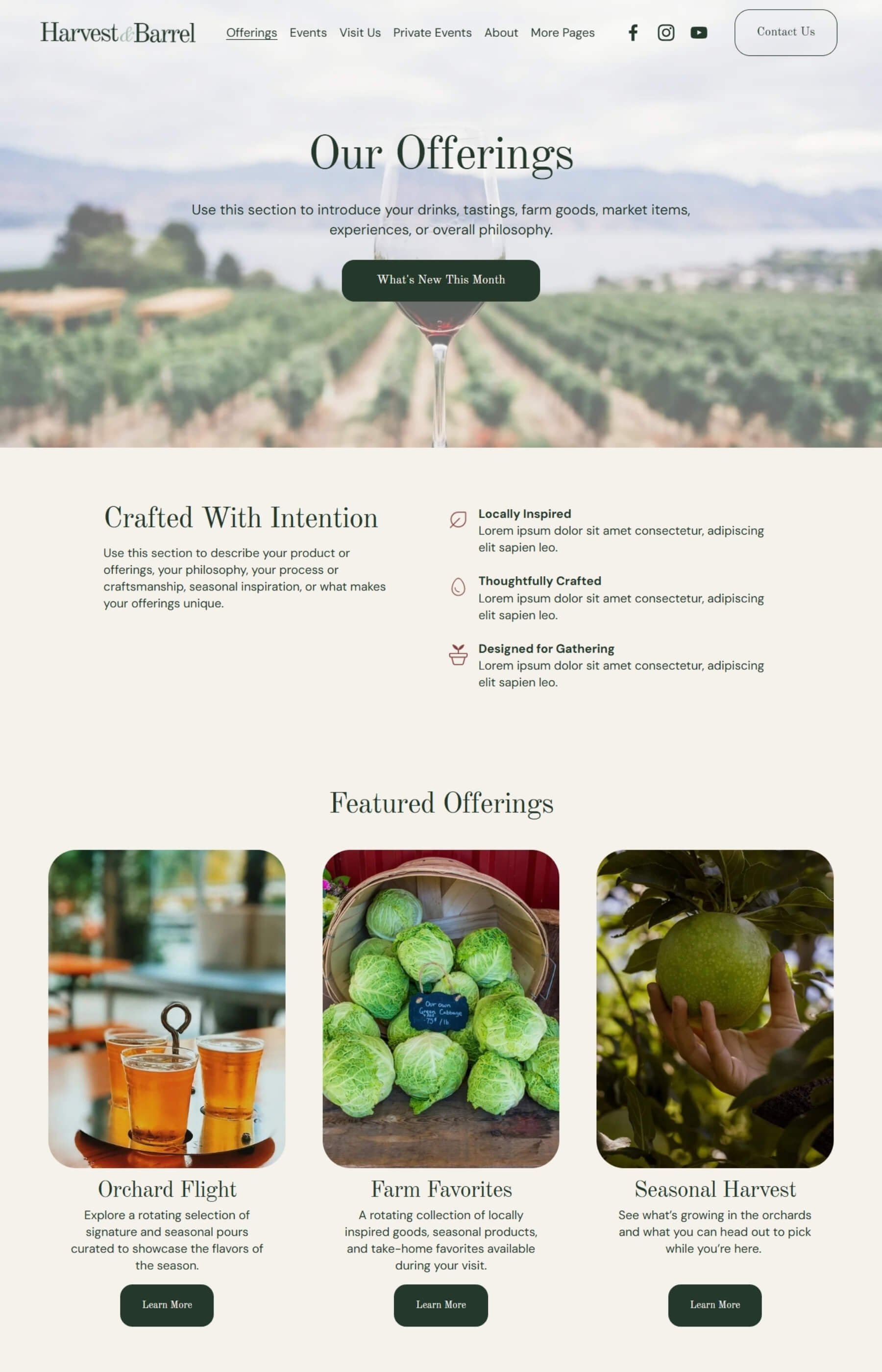 Screenshot of the offerings page inside the Harvest & Barrel Template