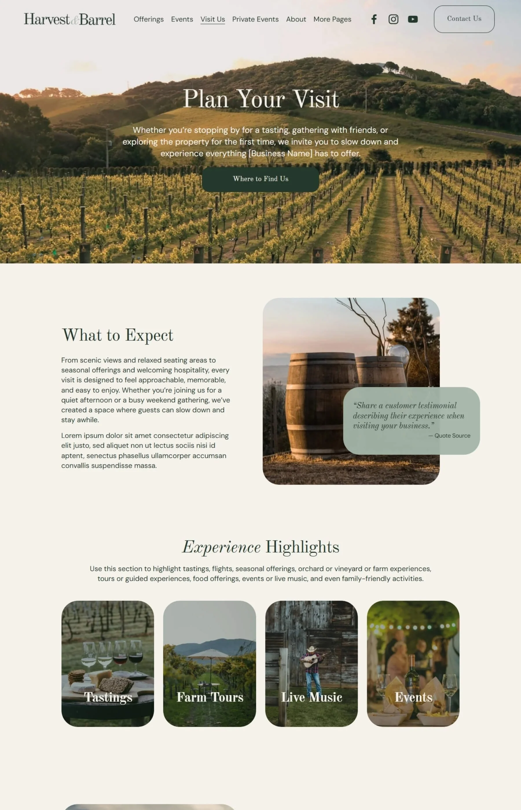 Screenshot of the visit us page inside the Harvest & Barrel Template