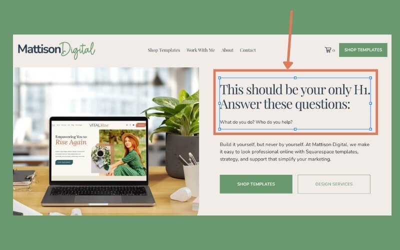 Screenshot of an H1 heading on a Homepage
