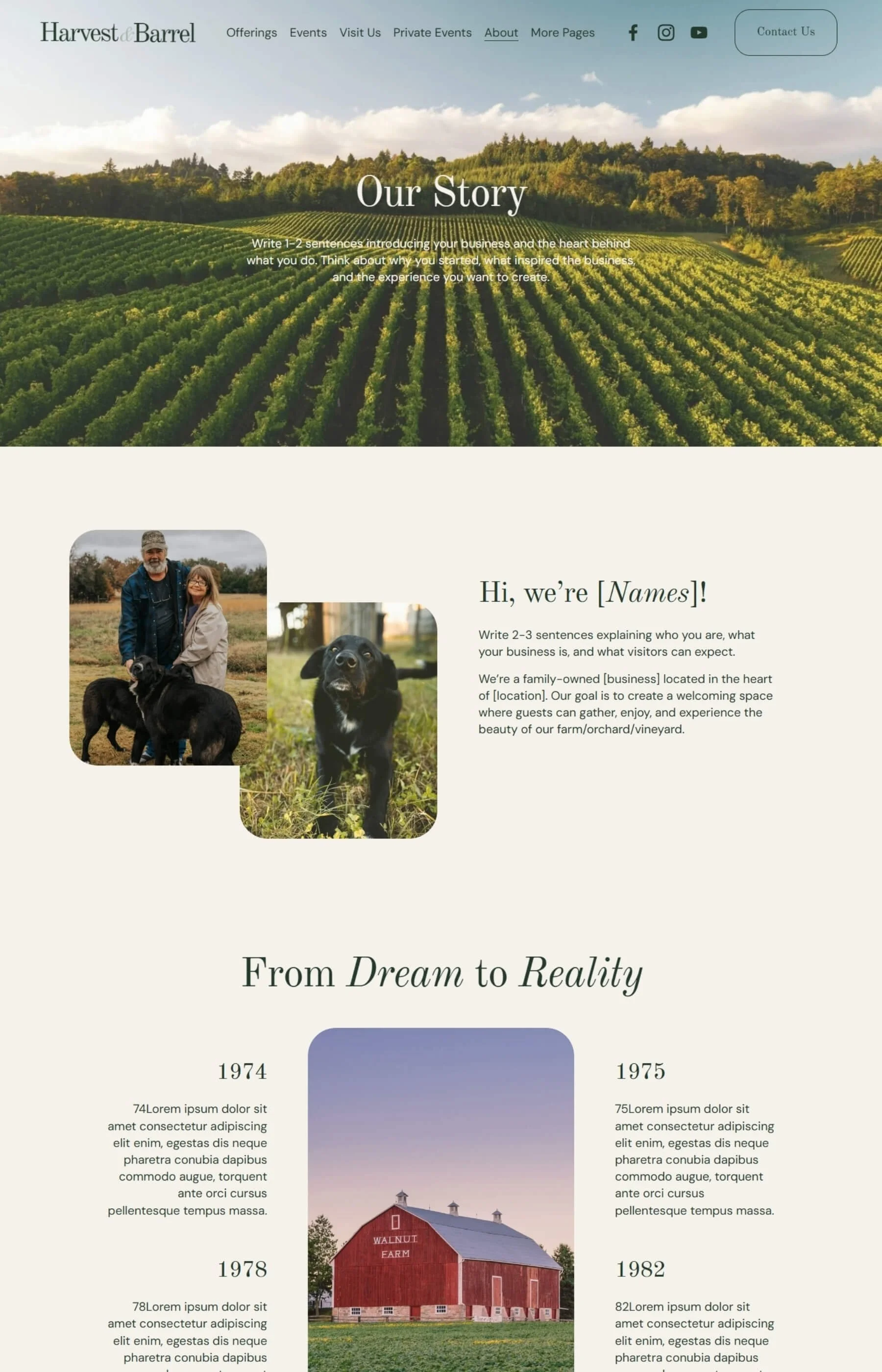 Screenshot of the about page inside the Harvest & Barrel Template