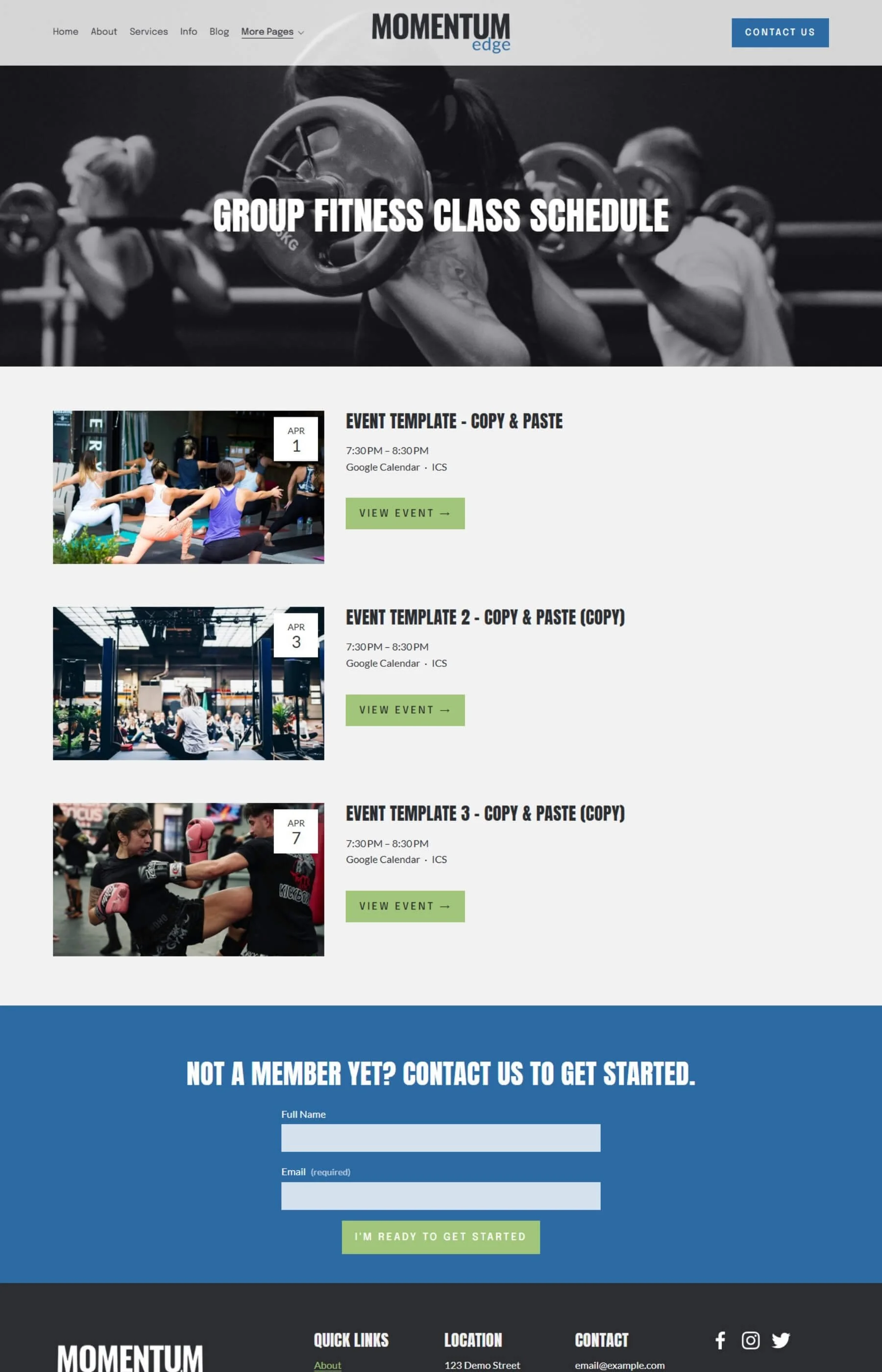 Screenshot of the schedule/events page inside the Momentum Edge Template