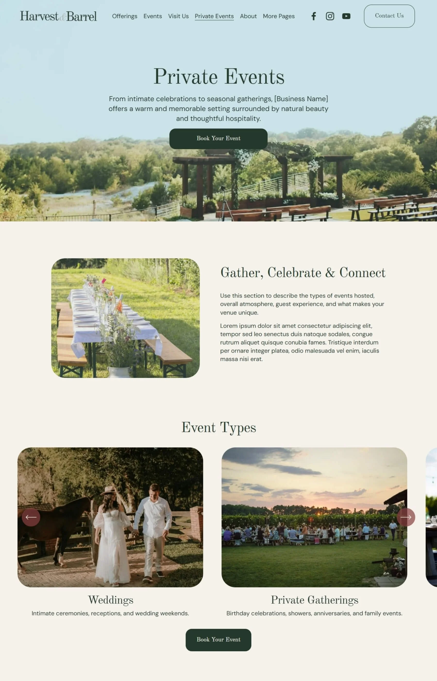 Screenshot of a private events page inside the Harvest & Barrel Template