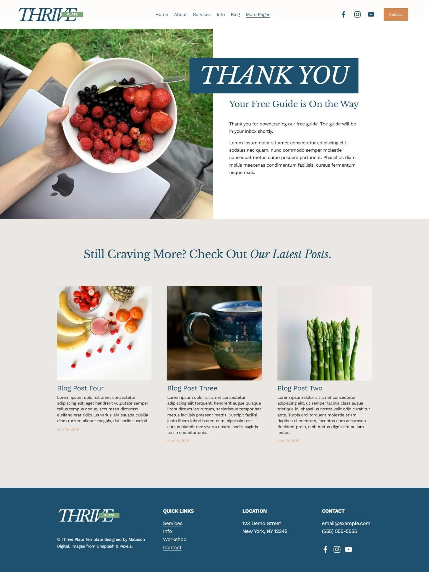 Screenshot of the thank you page inside the Thrive Plate Template